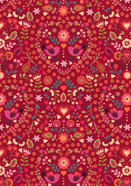 Little Matryoshka | Lewis and Irene Fabric | A570.2 | Little Bird Floral Heart on Red