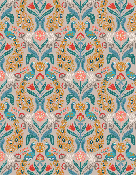 Wintertide | Lewis and Irene Fabric | A582.2 | Peacock on Linen with Copper Metallic