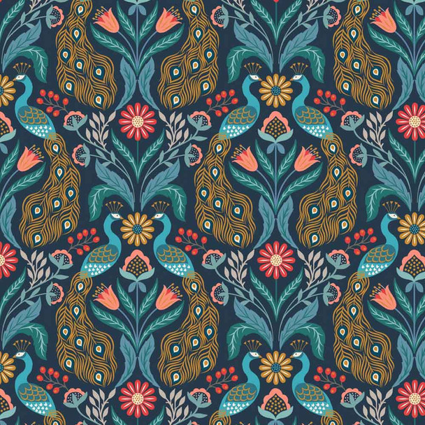 Wintertide Lewis and Irene | A582.3 Peacock on Dark Blue with Copper Metallic