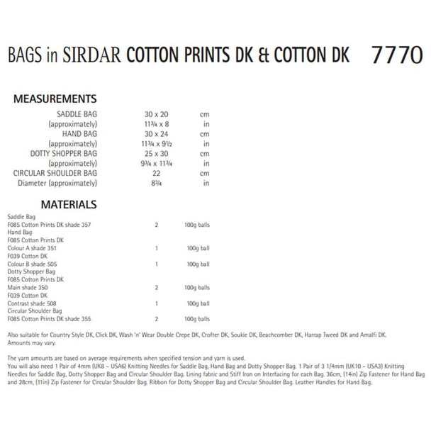 Bags Knitting Pattern | Sirdar Cotton Prints DK & Cotton DK 7770 | Digital Download - Pattern Table