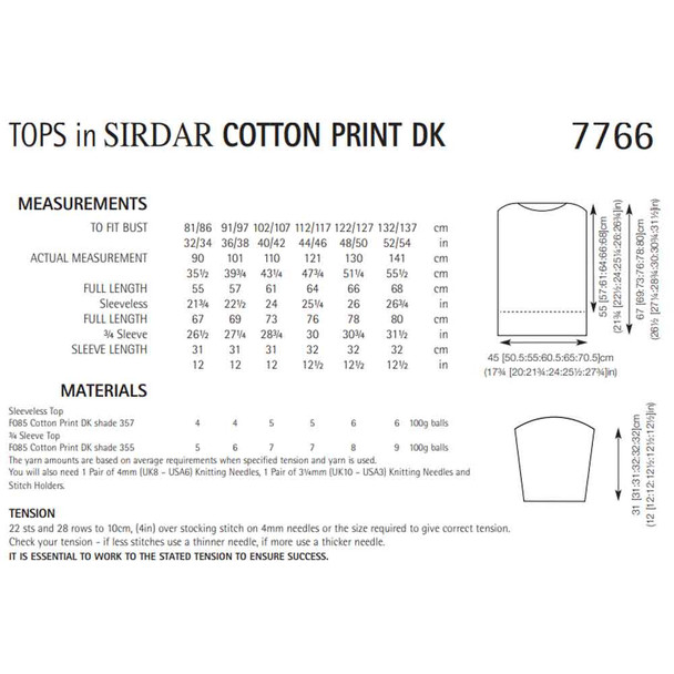 Woman's Tops Knitting Pattern | Sirdar Cotton Prints DK & Cotton DK 7766 | Digital Download - Pattern Table