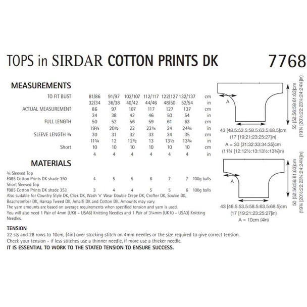 Woman's Tops Knitting Pattern | Sirdar Cotton Prints DK & Cotton DK 7768 | Digital Download - Pattern Table