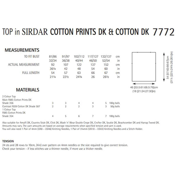 Woman's Tops Knitting Pattern | Sirdar Cotton Prints DK 7772 | Digital Download - Pattern Table