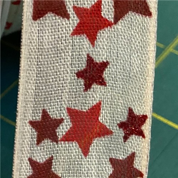 Goldi Decor Ribbon | Leuchtpunkte / Stars Wired Edged | 25mm | Per Half Metre | Ivory/Red