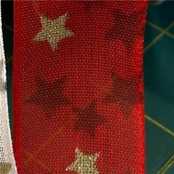 Goldi Decor Ribbon | Leuchtpunkte / Stars Wired Edged | 25mm | Per Half Metre | Red/Gold