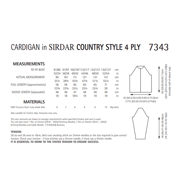 Larger Size Women's Cardigan Knitting Pattern | Sirdar Country Style 4 Ply 7343 | Digital Download - Pattern Information