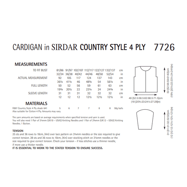 Women's ¾ Sleeve Cardigan Knitting Pattern | Sirdar Country Style 4 Ply 7726 | Digital Download - Pattern Information