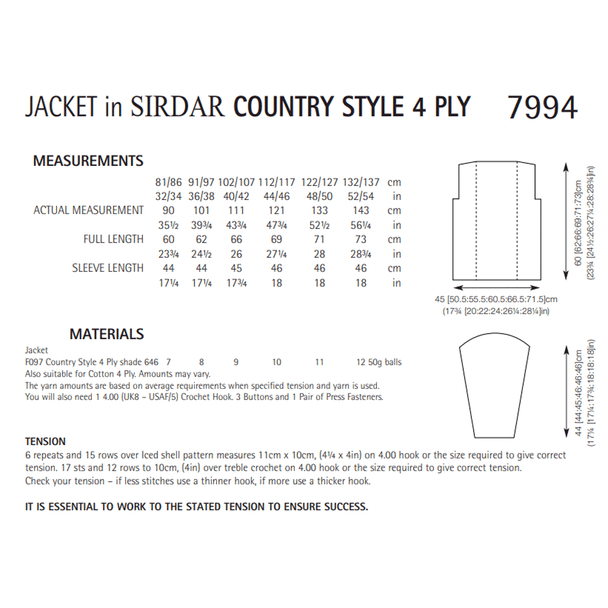 Women's Jacket Knitting Pattern | Sirdar Country Style 4 Ply 7994 | Digital Download - Pattern Information