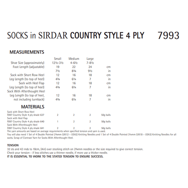 Men & Women's Socks Knitting Pattern | Sirdar Country Style 4 Ply 7993 | Digital Download - Pattern Information