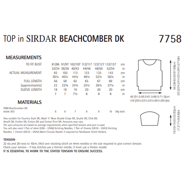 Women's Top Knitting Pattern | Sirdar Beachcomber DK 7758 | Digital Download - Pattern Information