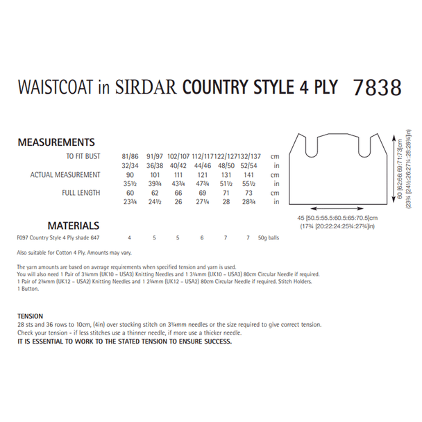  Women's Waistcoat Knitting Pattern | Sirdar Country Style 4 Ply 7838 | Digital Download - Pattern Information