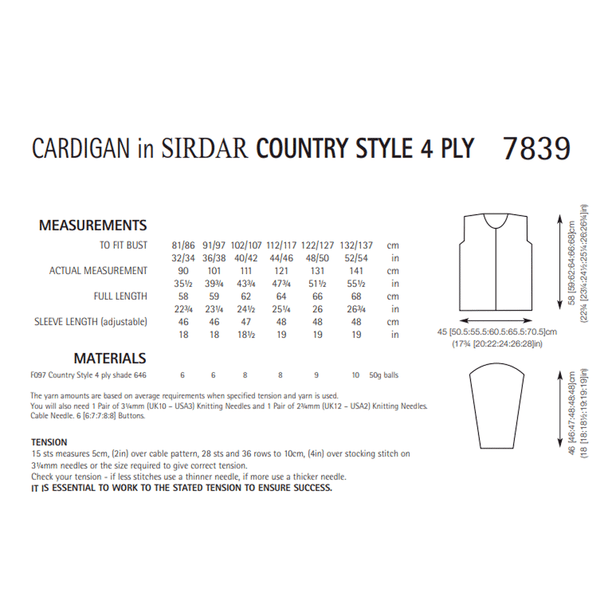 Women's Cardigan Knitting Pattern | Sirdar Country Style 4 Ply 7839 | Digital Download - Pattern Information