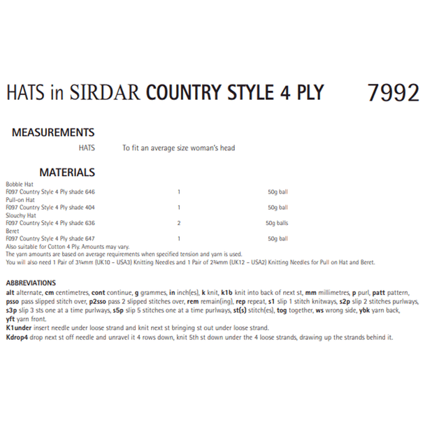 Women's Hat Knitting Pattern | Sirdar Country Style 4 Ply 7992 | Digital Download - Pattern Information