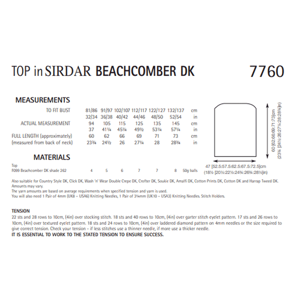 Women's Top Knitting Pattern | Sirdar Beachcomber DK 7760 | Digital Download - Pattern Information