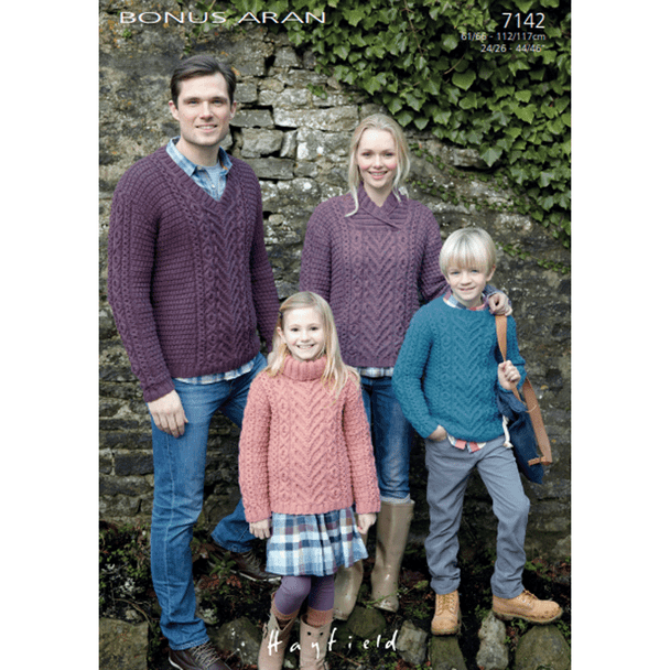 Family Sweater Knitting Pattern | Sirdar Hayfield Bonus Aran 7142 | Digital Download  - Main Image