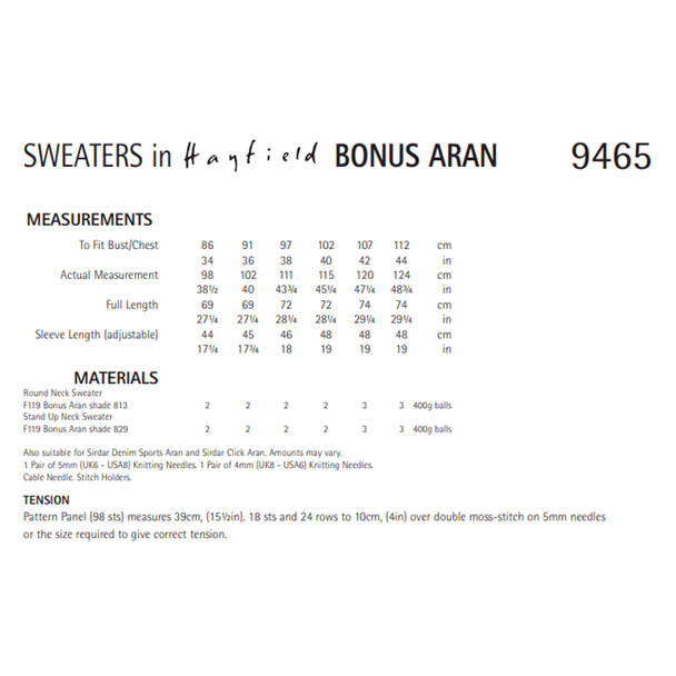 Men, Women's Sweaters Knitting Pattern | Sirdar Hayfield Bonus Aran 9465 | Digital Download - Pattern Information
