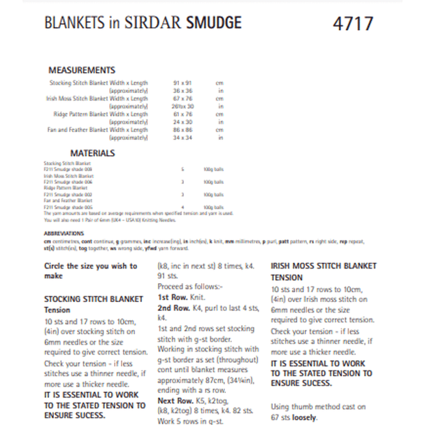 Blankets Knitting Pattern | Sirdar Smudge 4717 | Digital Download - Pattern Information