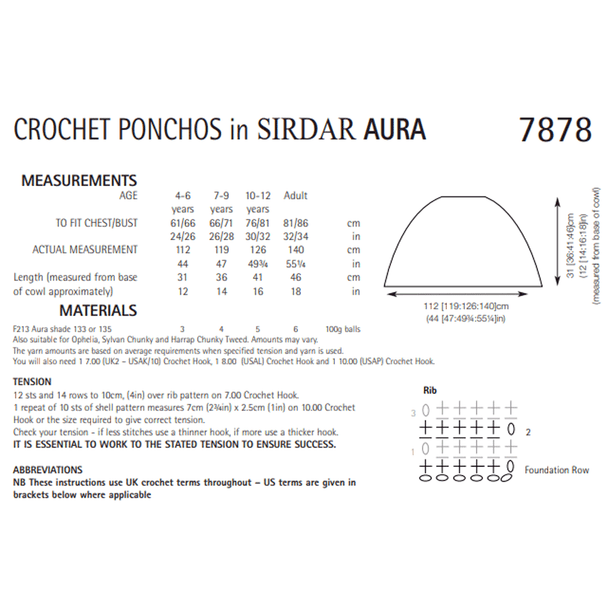 Ladies & Girls' Poncho Crochet Knitting Pattern | Sirdar Aura 7878 | Digital Download - Pattern Information