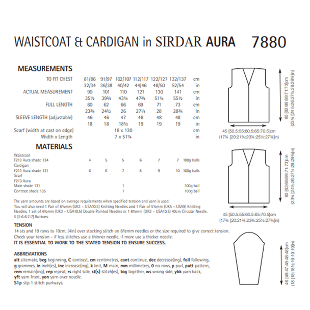 Waistcoat, Cardigans and Scarf Knitting Pattern | Sirdar Aura 7880 | Digital Download - Pattern Information