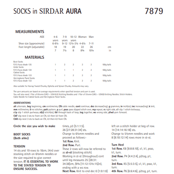 Adults and Children Socks Knitting Pattern | Sirdar Aura 7879 | Digital Download - Pattern Information