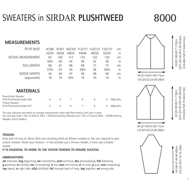 Women's Sweater Knitting Pattern | Sirdar Plushtweed 8000 | Digital Download -Pattern Information