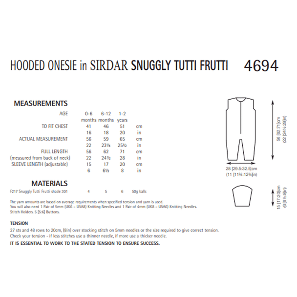 Hooded Onesie Knitting Pattern | Sirdar Snuggly Tutti Frutti 4694 | Digital Download - Pattern Information