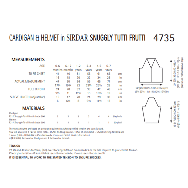 Baby Boys Cardigan and Helmet Knitting Pattern | Sirdar Snuggly Tutti Frutti 4735 | Digital Download - Pattern Information