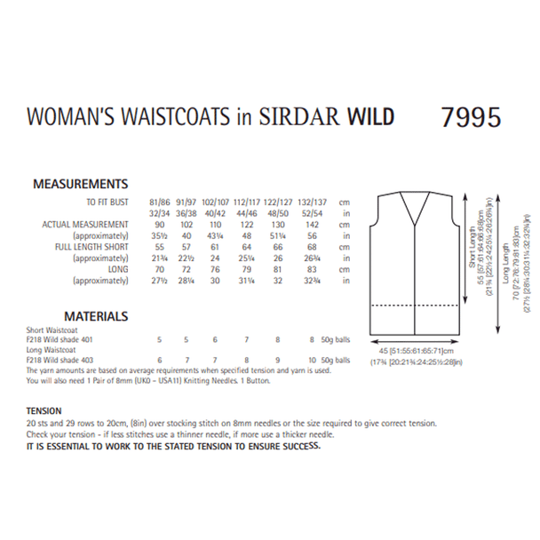 Woman's Long and Short Waistcoat Knitting Pattern | Sirdar Wild, 7995 | Digital Download - Pattern Information