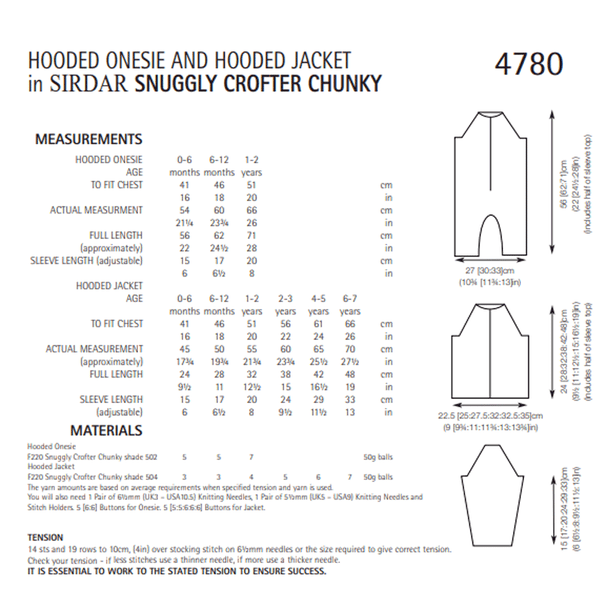 Baby Children's Hooded Onesie and Jackets Knitting Pattern | Sirdar Snuggly Baby Crofter Chunky, 4780 | Digital Download - Pattern Information