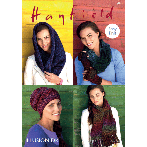 Woman's Hats, Scarf, Mitts and Snood Knitting Pattern | Sirdar Hayfield Illusion DK 7854 | Digital Download - Main Image