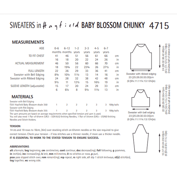 Baby Children's Sweaters Knitting Pattern | Sirdar Hayfield Baby Blossom Chunky 4715 | Digital Download - Pattern Information