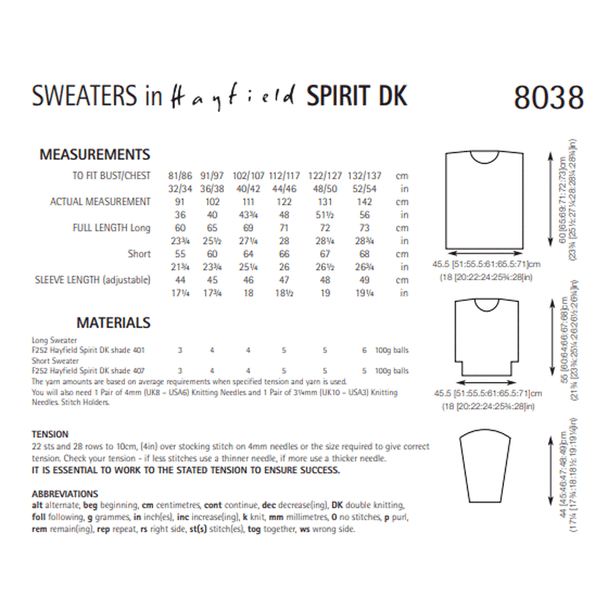 Men's Women's Long and Short Sweaters Knitting Pattern | Sirdar Hayfield Spirit DK 8038 | Digital Download - Pattern Information