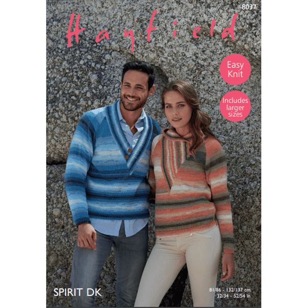 Men's Women's V Neck and Hooded Sweaters Knitting Pattern | Sirdar Hayfield Spirit DK 8037 | Digital Download - Main Image
