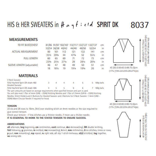 Men's Women's V Neck and Hooded Sweaters Knitting Pattern | Sirdar Hayfield Spirit DK 8037 | Digital Download - Pattern Information