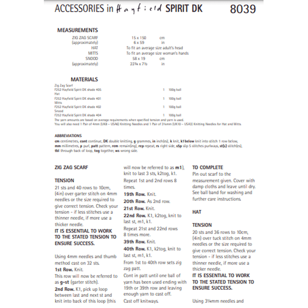 Scarf, Hat, Mitts and Snood Knitting Pattern | Sirdar Hayfield Spirit DK 8039 | Digital Download - Pattern Information