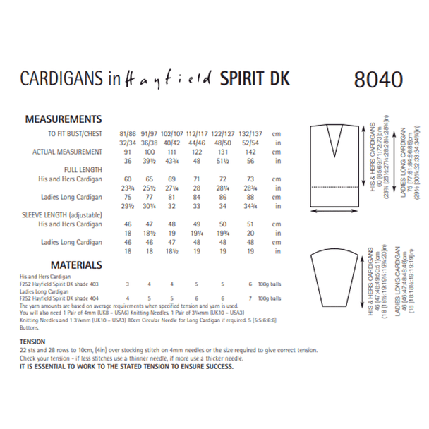 Adults Cardigans Knitting Pattern | Sirdar Hayfield Spirit DK 8040 | Digital Download - Pattern Information