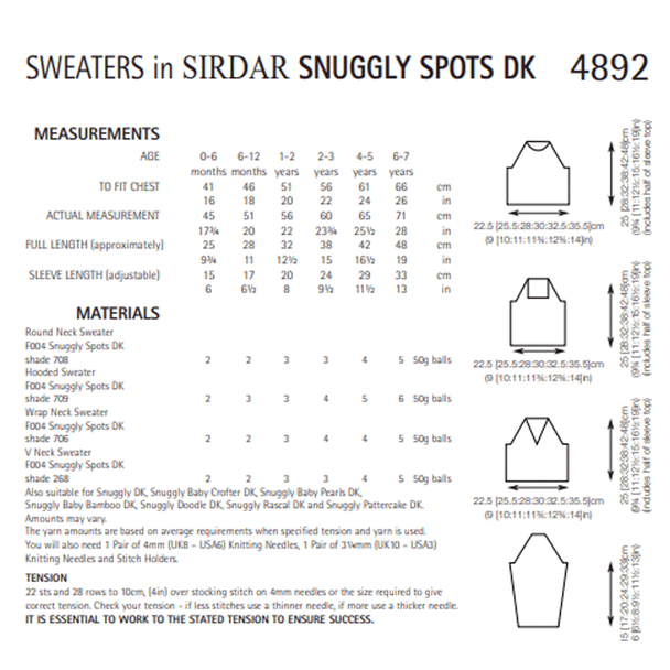 Baby And Children's Sweaters Knitting Pattern | Sirdar Snuggly Spots DK 4892 | Digital Download - Pattern Information