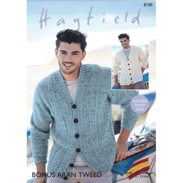 Men's V Neck And Shawl Collar Cardigan Knitting Pattern | Sirdar Hayfield Bonus Aran Tweed 8100 | Digital Download - Main Image