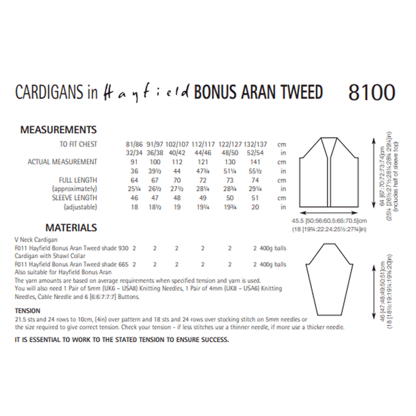 Men's V Neck And Shawl Collar Cardigan Knitting Pattern | Sirdar Hayfield Bonus Aran Tweed 8100 | Digital Download - Pattern Information