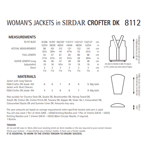 Woman's Short And Long Sleeve Jackets Knitting Pattern | Sirdar Crofter DK 8112 | Digital Download - Pattern Information