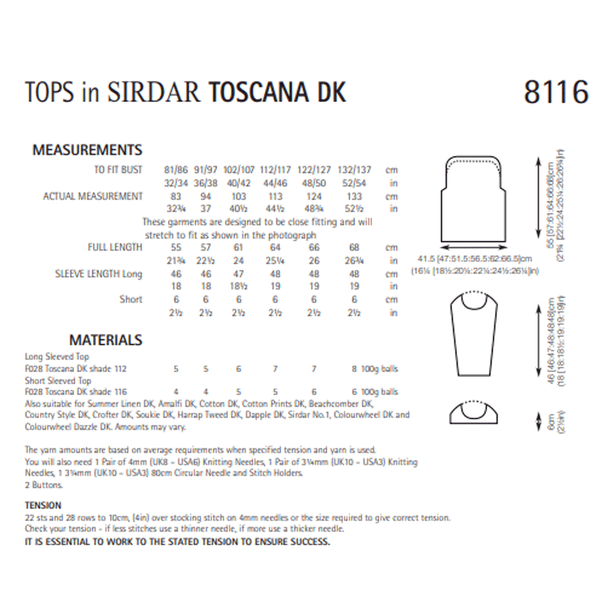 Woman's Long And Short Sleeve Tops Knitting Pattern | Sirdar Toscana DK 8116 | Digital Download - Pattern Information