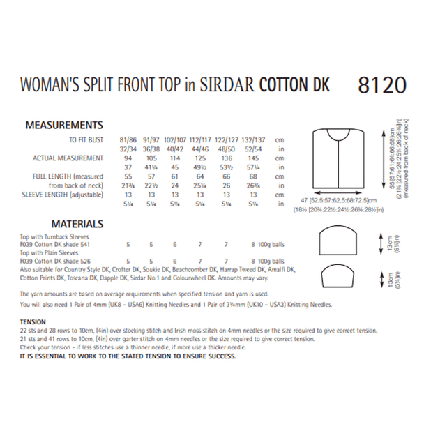 Woman's Split Front Top Knitting Pattern | Sirdar Cotton DK 8120 | Digital Download - Pattern Information