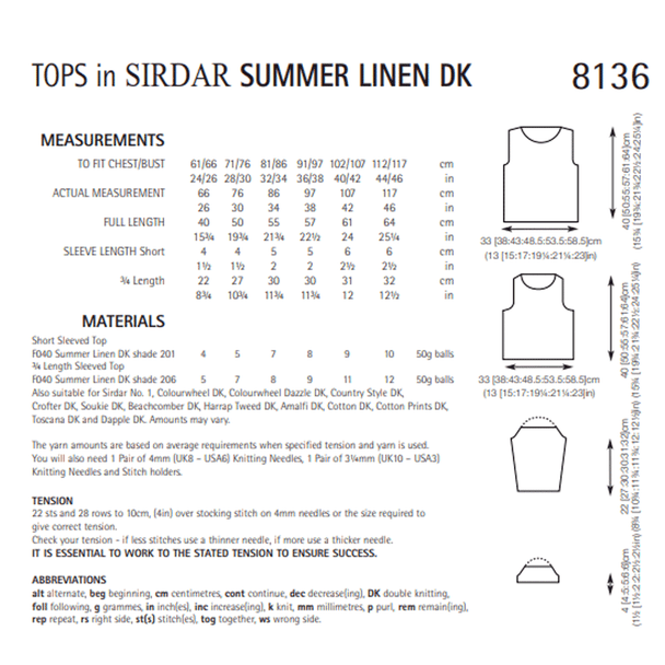 Women And Girl's Open Shoulder Tops Knitting Pattern | Sirdar Summer Linen DK 8136 | Digital Download - Pattern Information