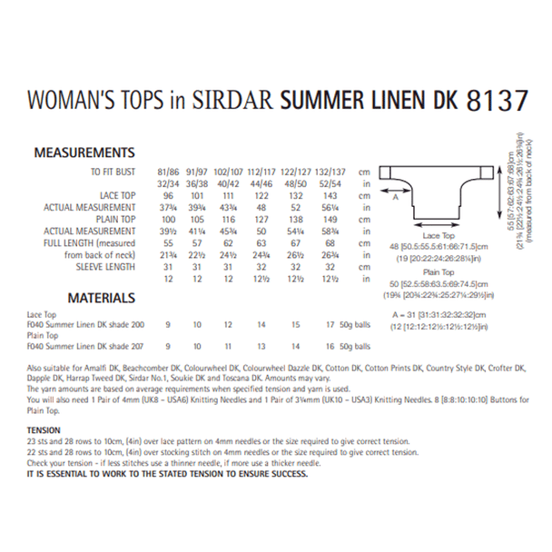 Women's Lace Top And Plain Top Knitting Pattern | Sirdar Summer Linen DK 8137 | Digital Download - Pattern Information