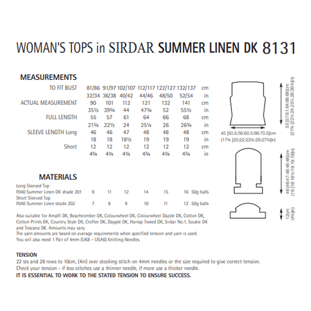 Women's Tops Knitting Pattern | Sirdar Summer Linen DK 8131 | Digital Download - Pattern Information