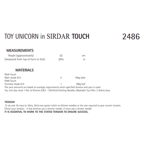 Unicorn Soft Toy Knitting Pattern | Sirdar Touch 2486 | Digital Download - Pattern Information