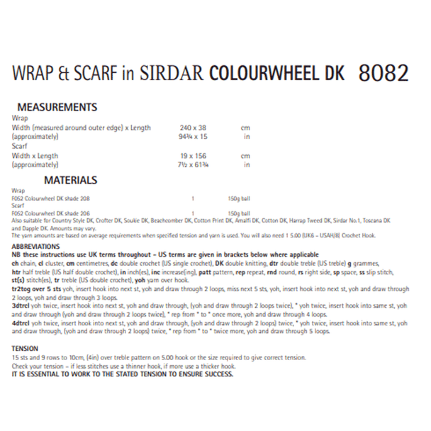 Wrap And Scarf Crochet Pattern | Sirdar Colourwheel DK 8082 | Digital Download - Pattern Information