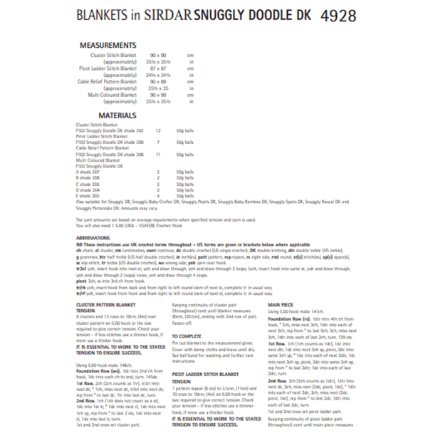 Blankets Crochet Pattern | Sirdar Snuggly Doodle DK 4928 | Digital Download - Pattern Information