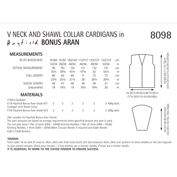 V-Neck And Shawl Collar Cardigans Knitting Pattern | Sirdar Hayfield Bonus Aran 8098 | Digital Download - Pattern Information