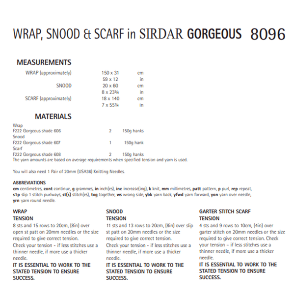 Wrap, Snood And Scarf Knitting Pattern | Sirdar Gorgeous 8096 | Digital Download - Pattern Information